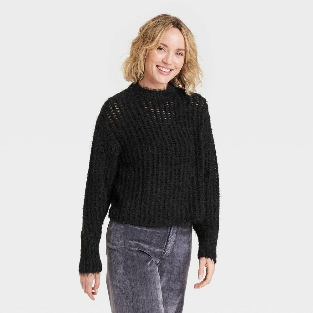 Women's Crewneck Openwork Pullover Sweater Black  - Universal Thread NWT XS
